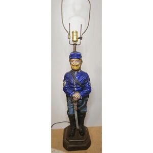 Vtg Civil War Union Soldier Table Lamp Blue Uniform Chalkware Military Decor 35"